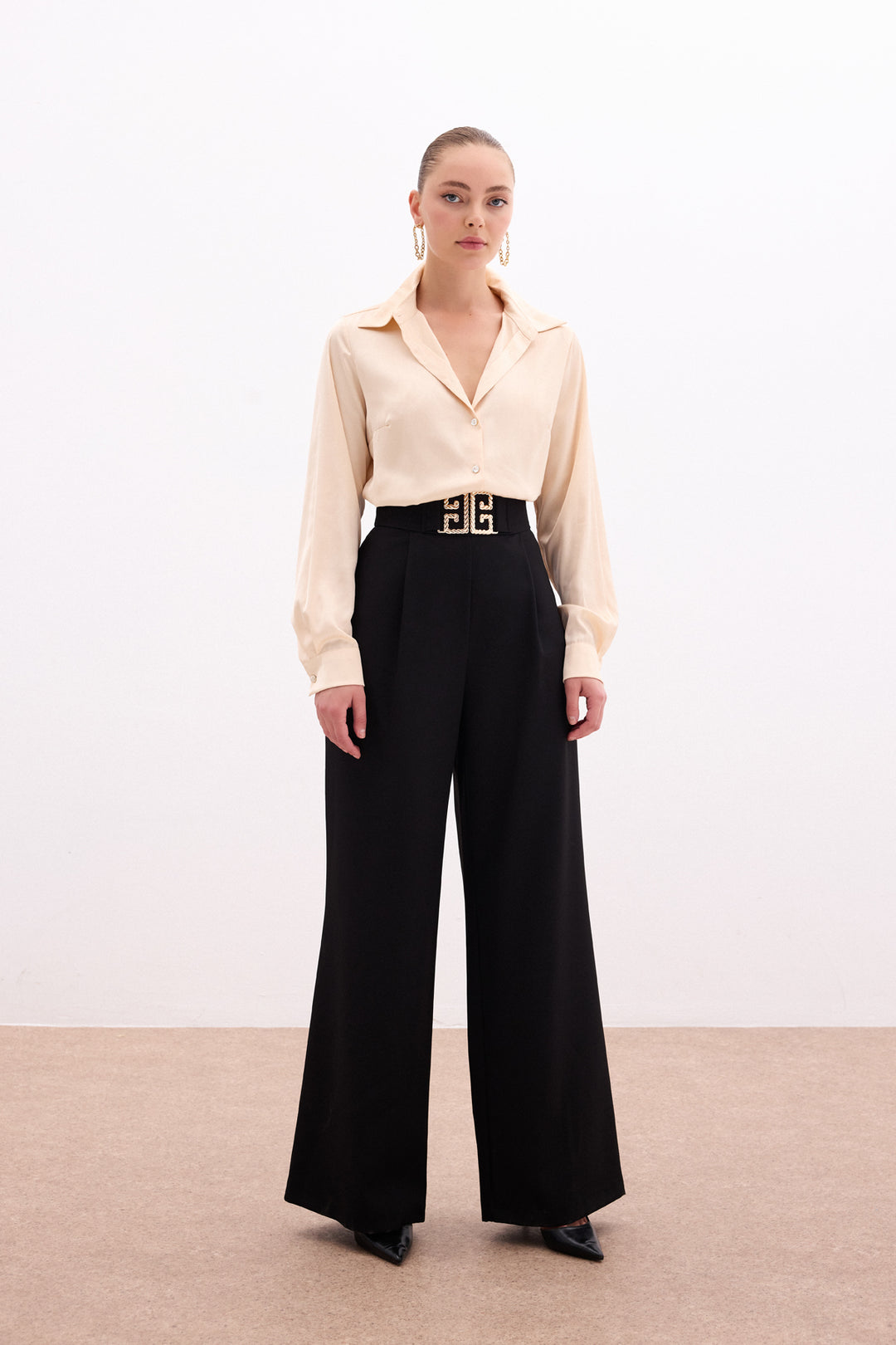 Sateen Pantalon large à accessoires de taille - Noir