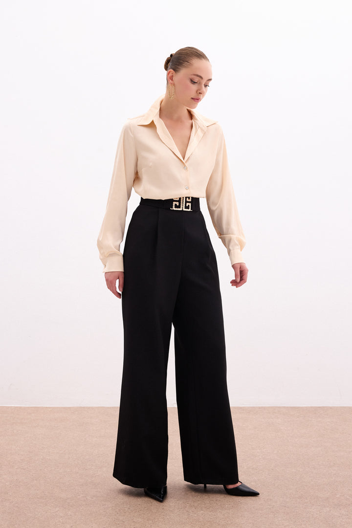 Sateen Pantalon large à accessoires de taille - Noir