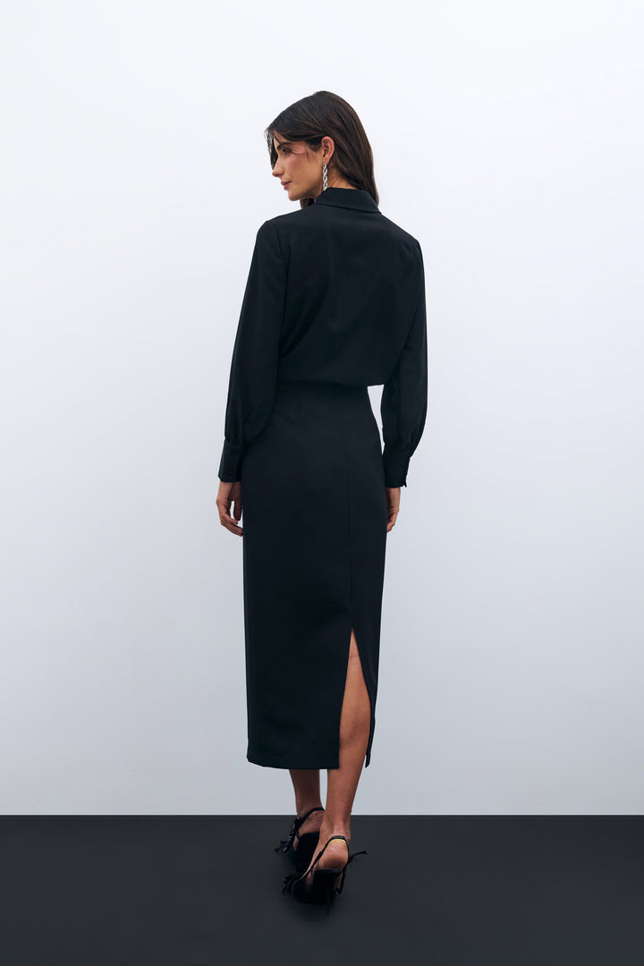 Sateen Jupe midi avec accessoire à la taille - Noir
