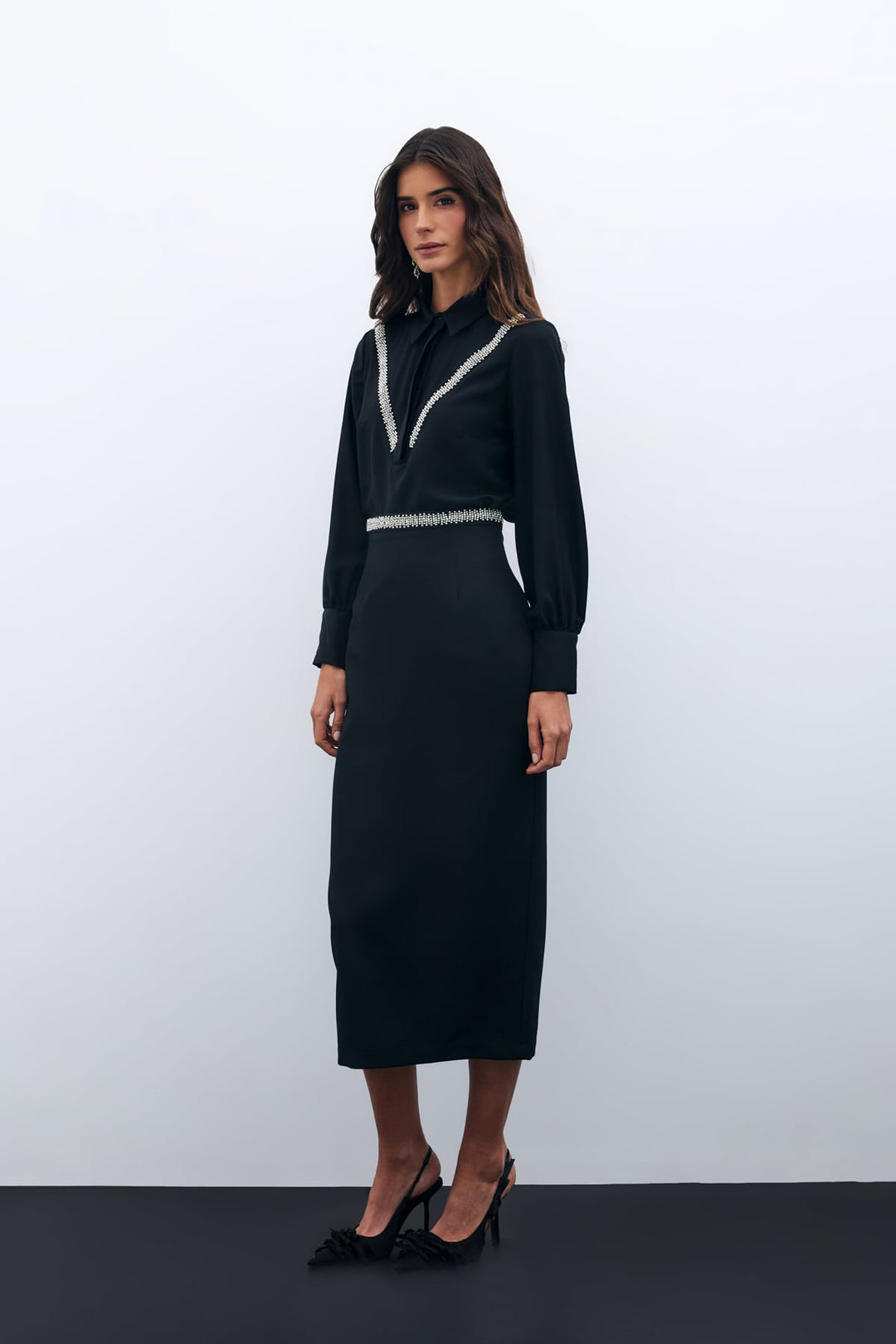 Sateen Jupe midi avec accessoire à la taille - Noir