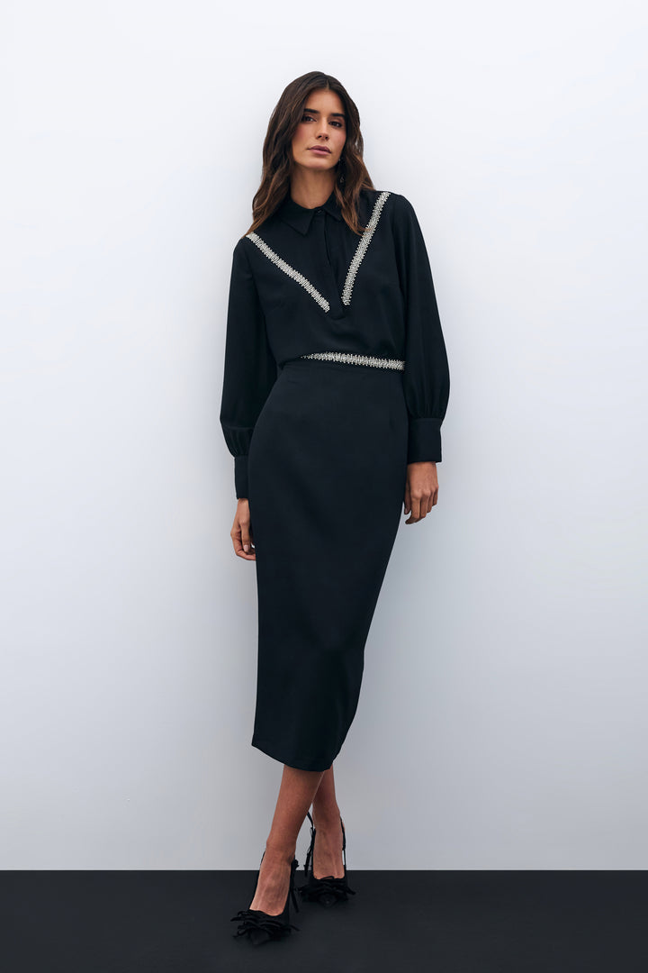 Sateen Jupe midi avec accessoire à la taille - Noir