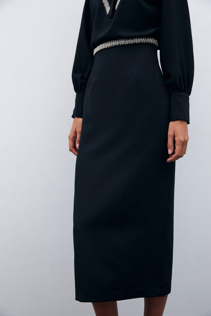 Sateen Jupe midi avec accessoire à la taille - Noir