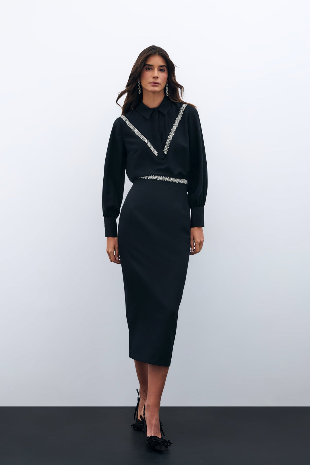 Sateen Jupe midi avec accessoire à la taille - Noir