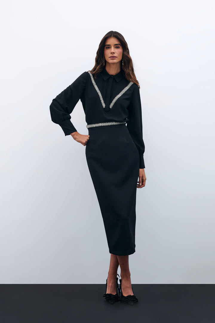 Sateen Jupe midi avec accessoire à la taille - Noir