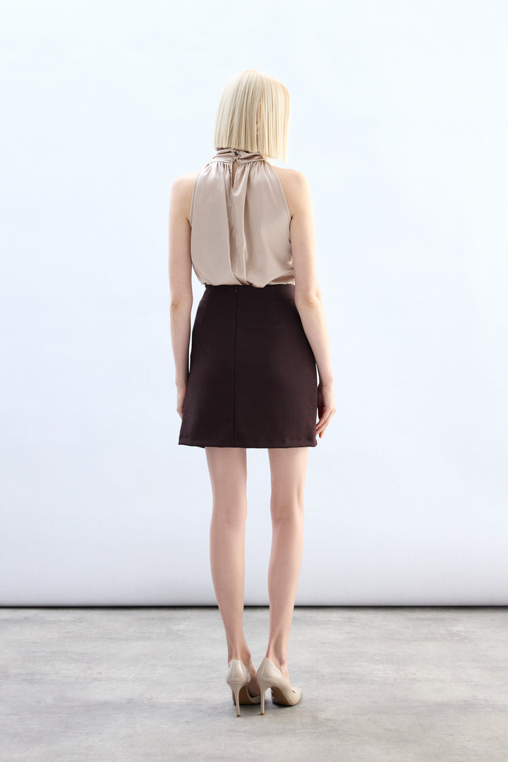 Sateen Jupe Mini avec Accessoire de Taille - Marron