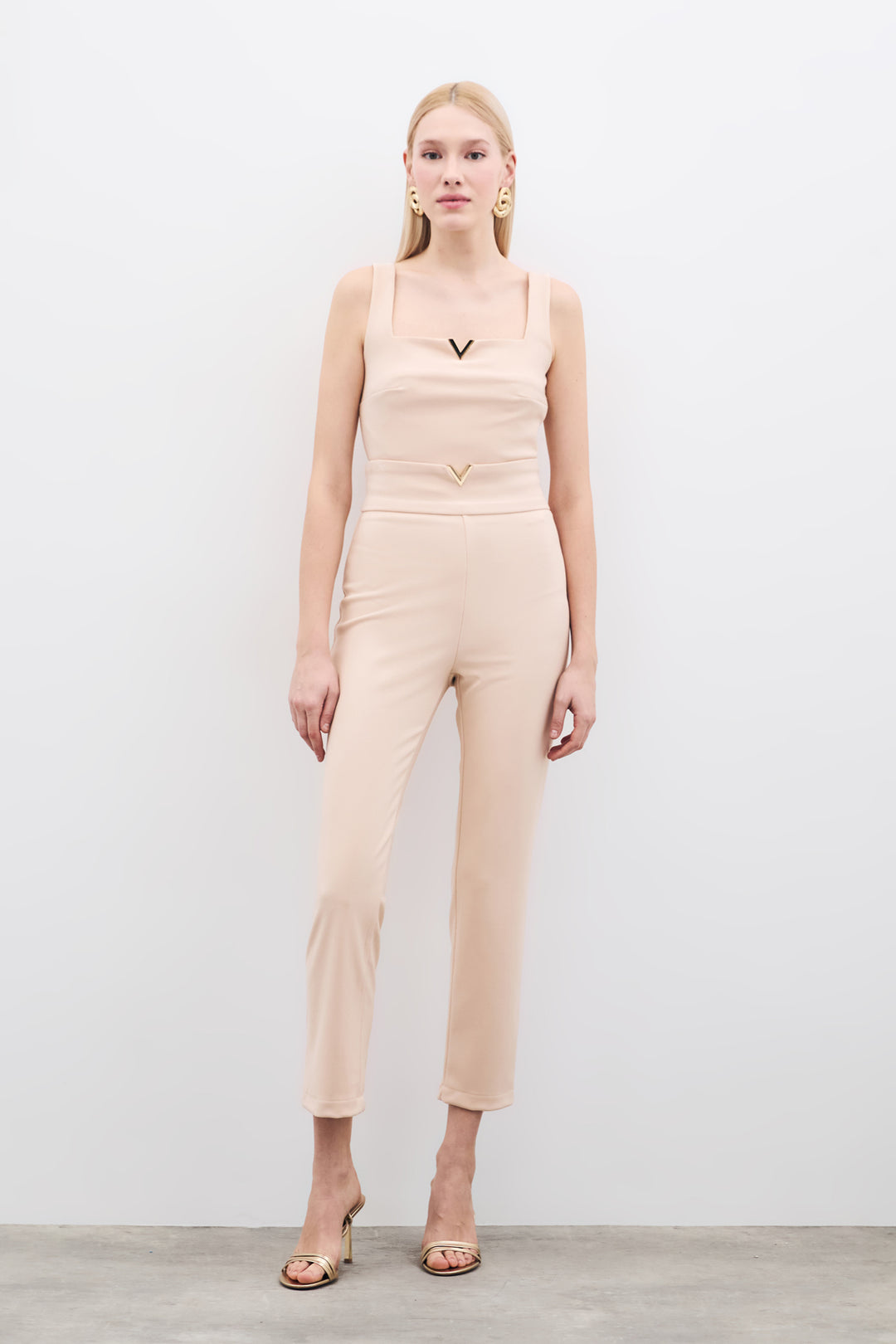 Sateen Pantalon avec accessoire à la taille - Beige