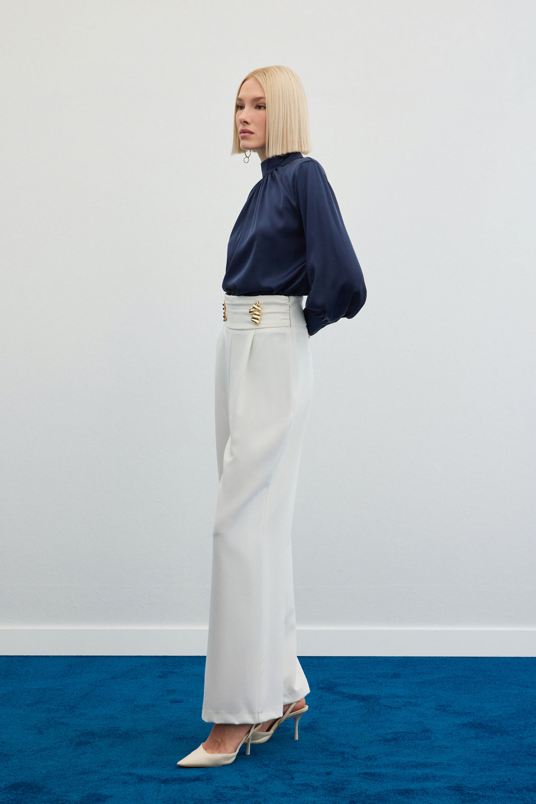 Sateen Pantalon avec accessoire de taille - Écru