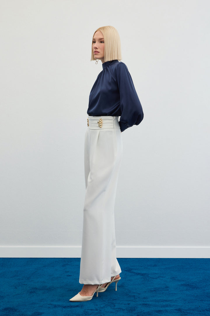 Sateen Pantalon avec accessoire de taille - Écru