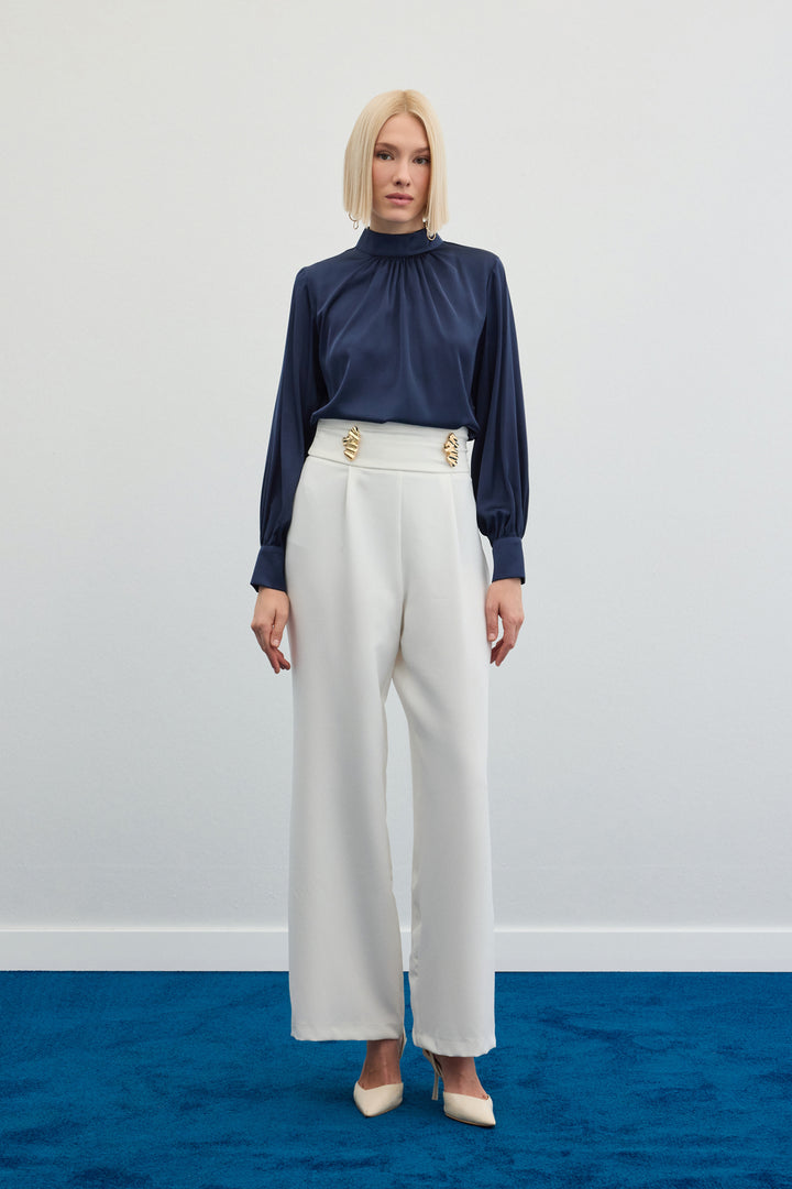 Sateen Pantalon avec accessoire de taille - Écru