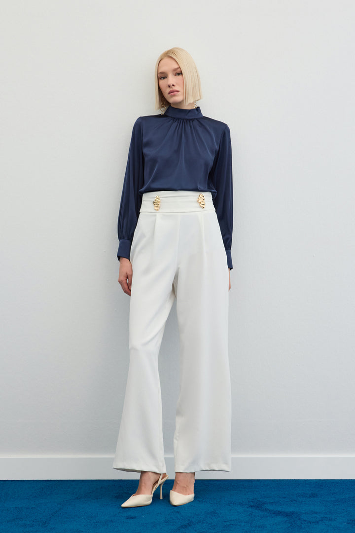 Sateen Pantalon avec accessoire de taille - Écru