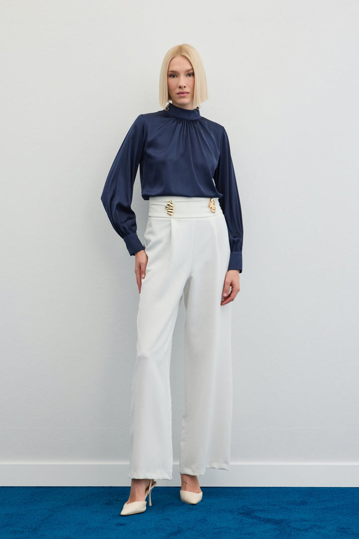 Sateen Pantalon avec accessoire de taille - Écru