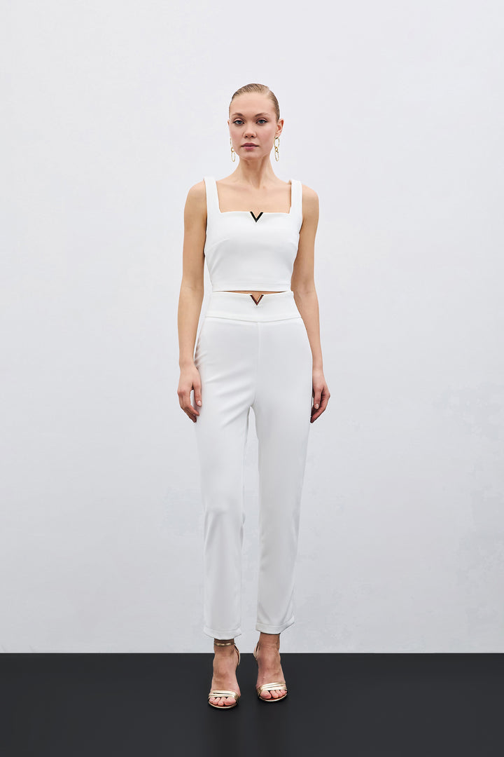 Sateen Pantalon avec Accessoire de Ceinture - Écru