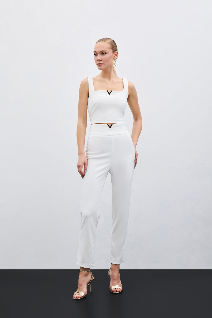 Sateen Pantalon avec Accessoire de Ceinture - Écru