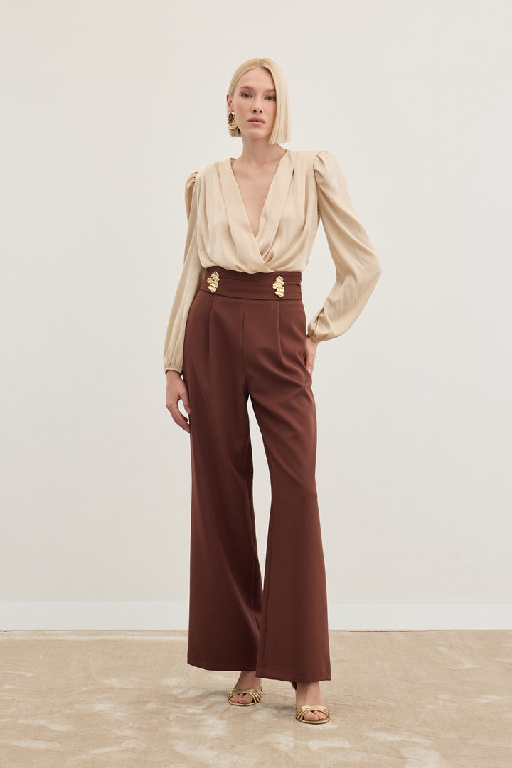 Sateen Pantalon avec accessoire de taille - Marron