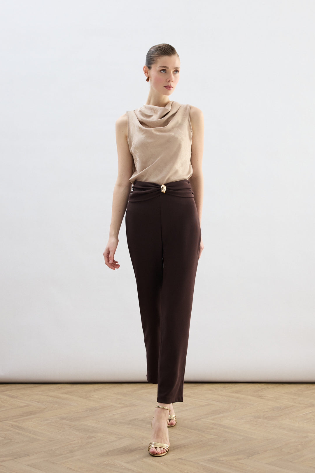 Sateen Pantalon avec Accessoire de Taille - Marron