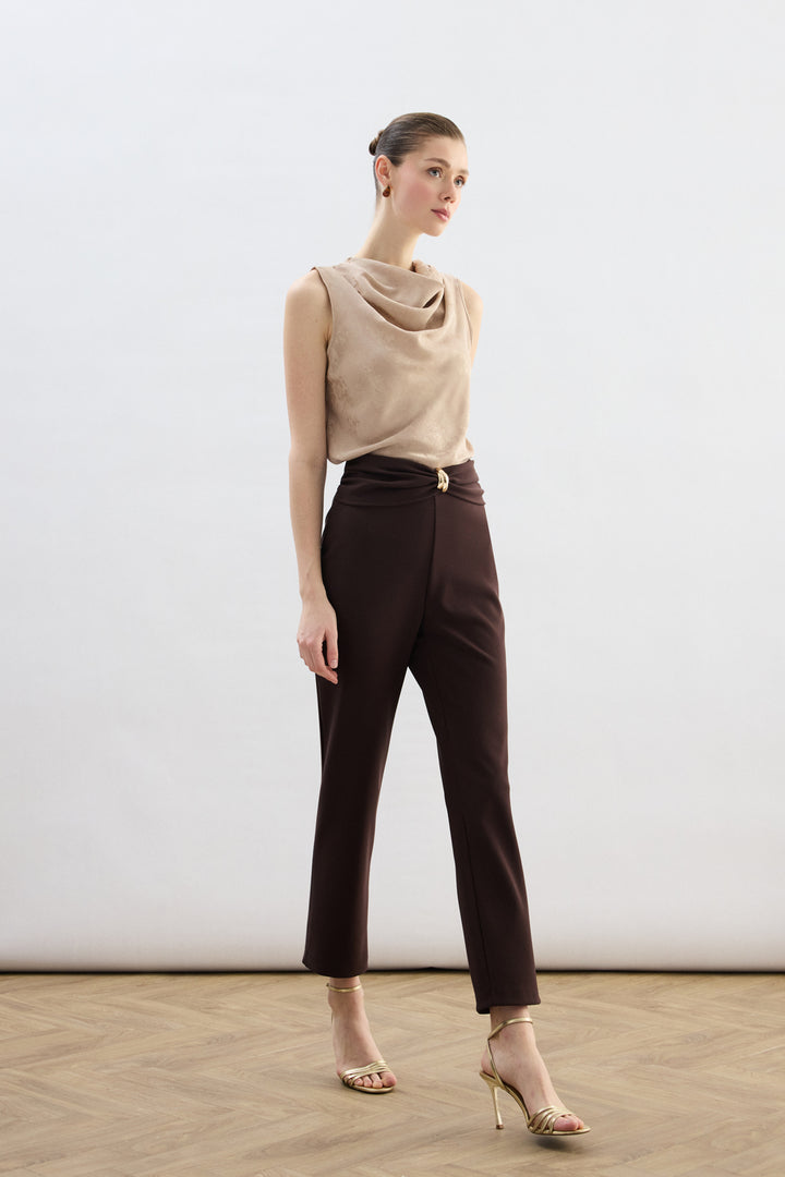 Sateen Pantalon avec Accessoire de Taille - Marron