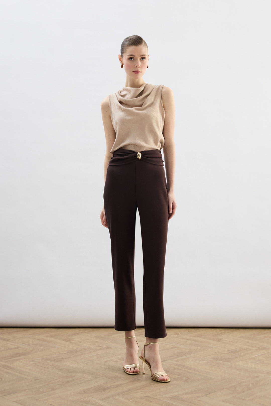Sateen Pantalon avec Accessoire de Taille - Marron