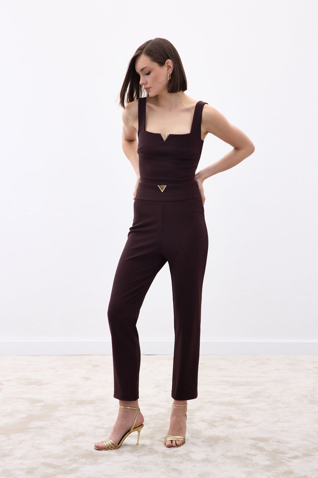 Sateen Pantalon avec Accessoire de Ceinture - Marron