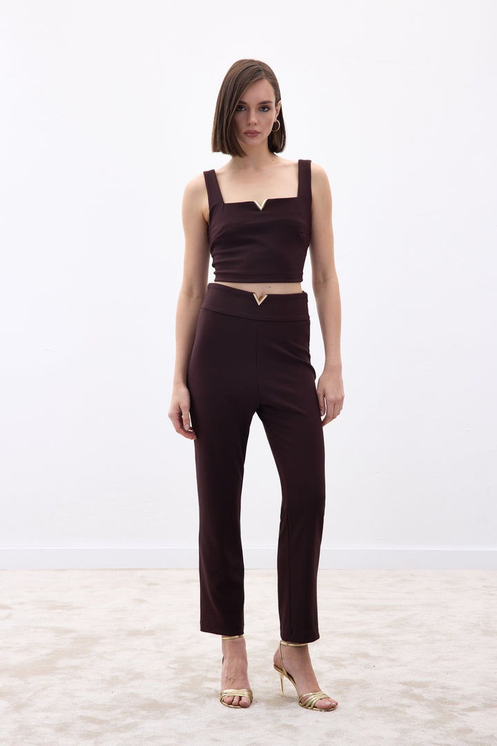 Sateen Pantalon avec Accessoire de Ceinture - Marron