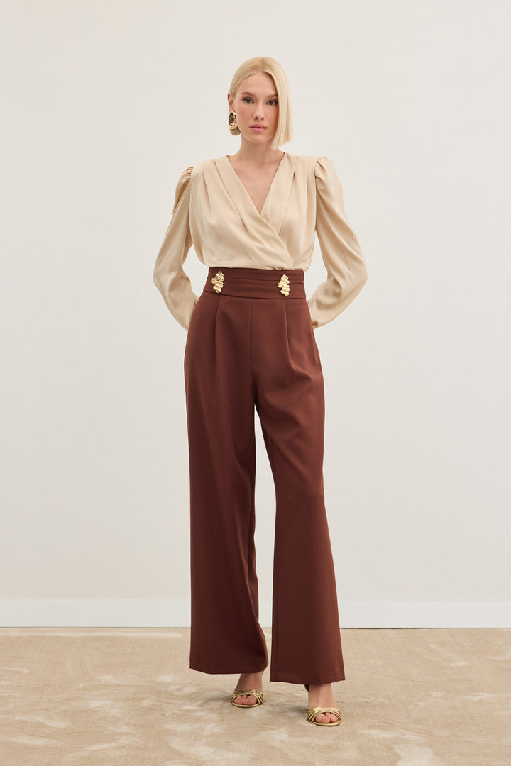 Sateen Pantalon avec accessoire de taille - Marron