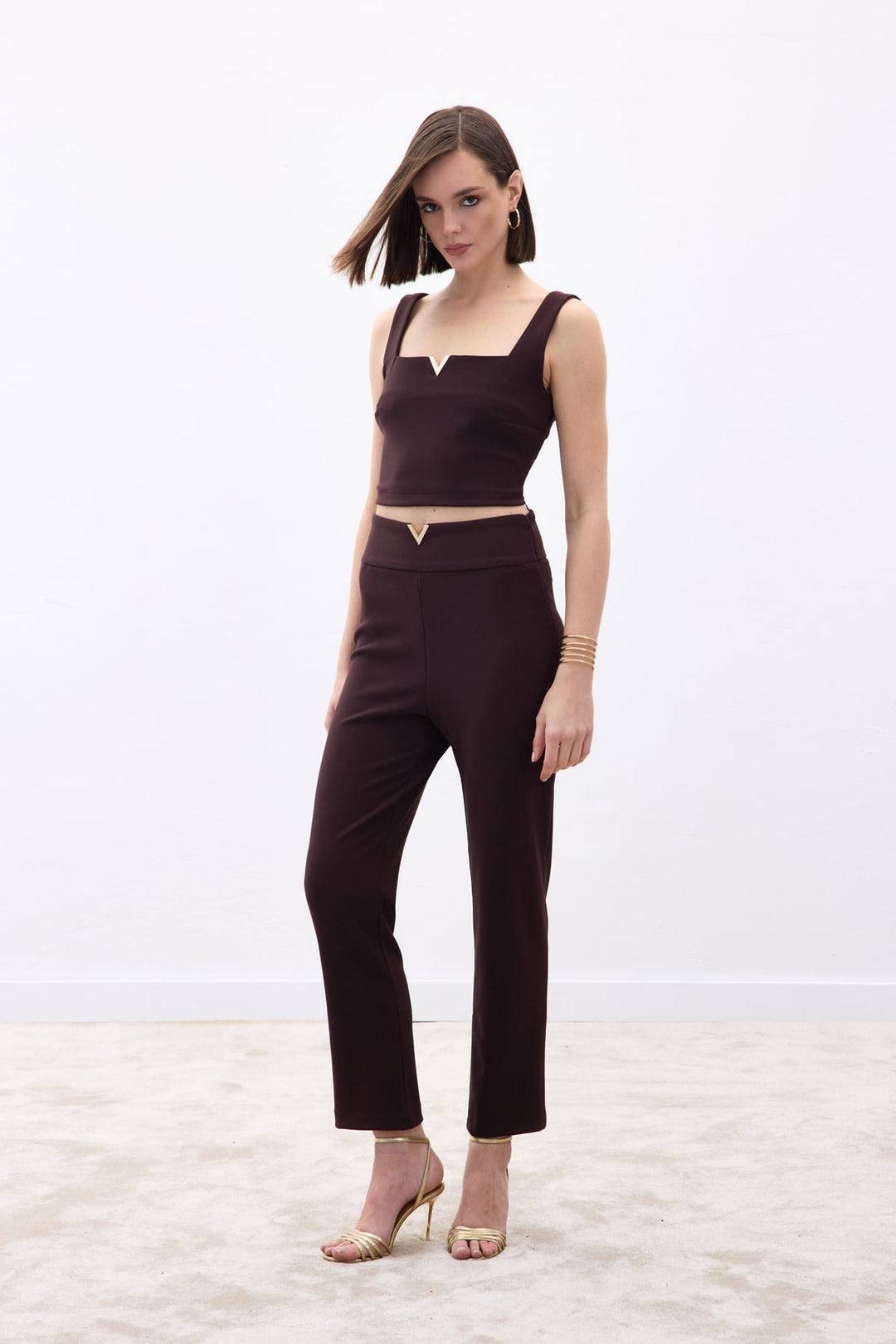 Sateen Pantalon avec Accessoire de Ceinture - Marron