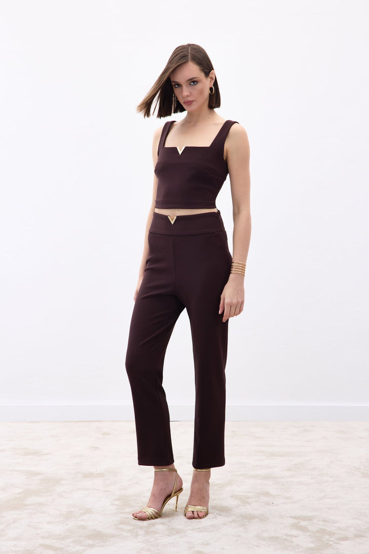 Sateen Pantalon avec Accessoire de Ceinture - Marron