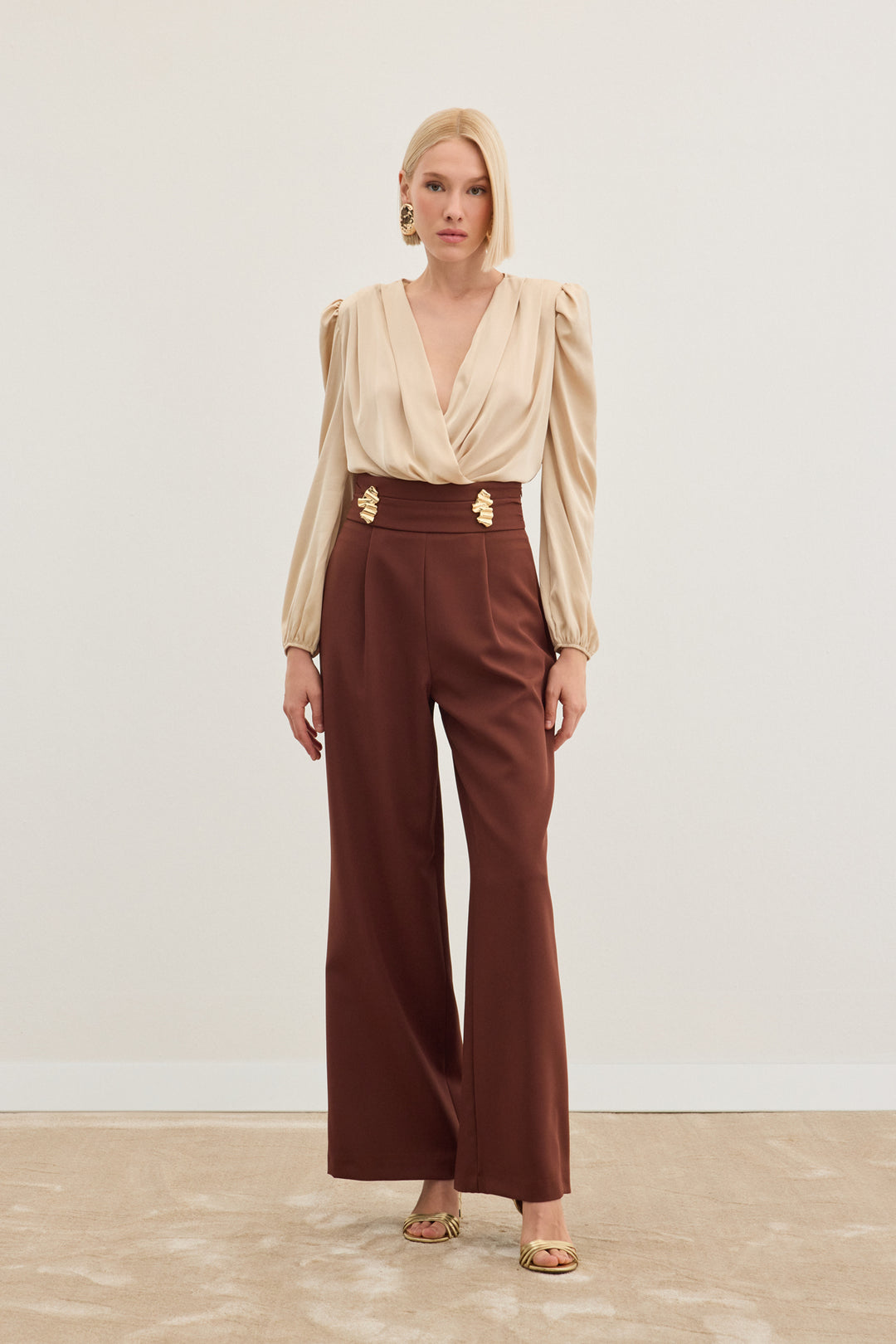 Sateen Pantalon avec accessoire de taille - Marron