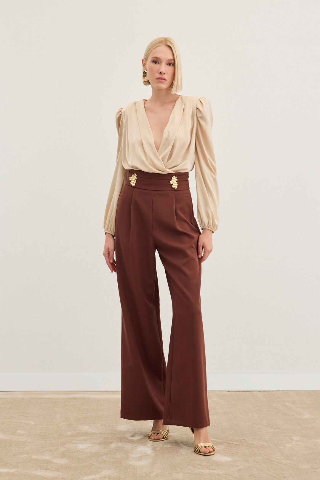 Sateen Pantalon avec accessoire de taille - Marron