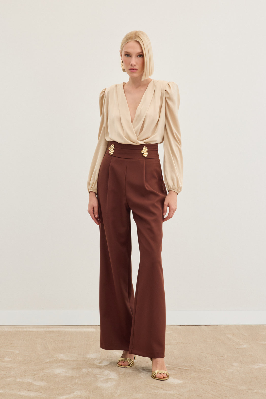 Sateen Pantalon avec accessoire de taille - Marron