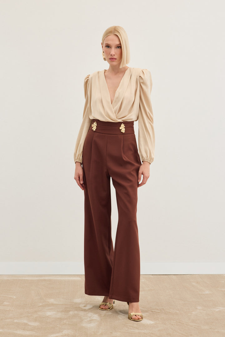 Sateen Pantalon avec accessoire de taille - Marron