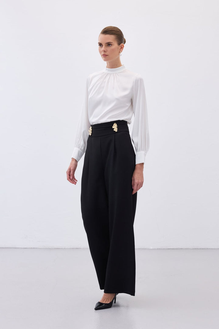 Sateen Pantalon avec accessoire de taille - Noir