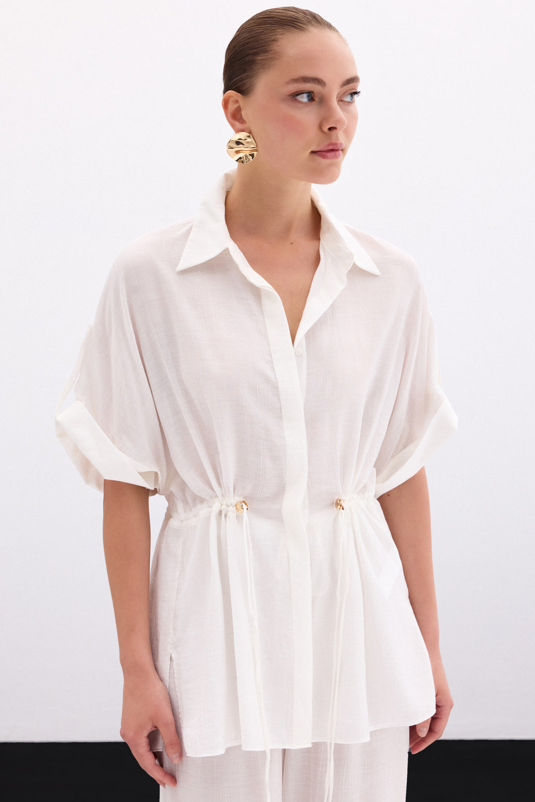 Sateen Chemise à taille froncée - Écru