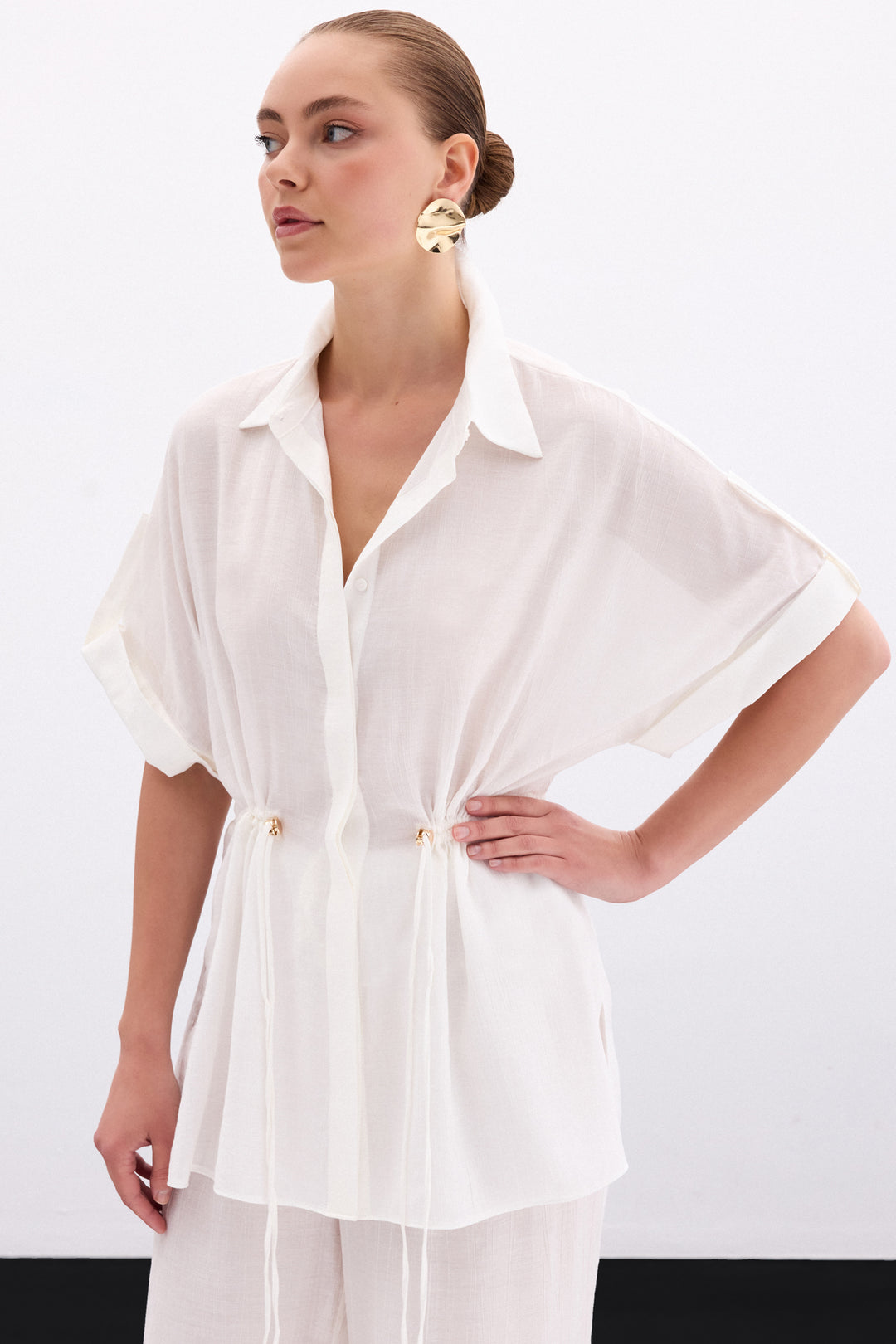 Sateen Chemise à taille froncée - Écru