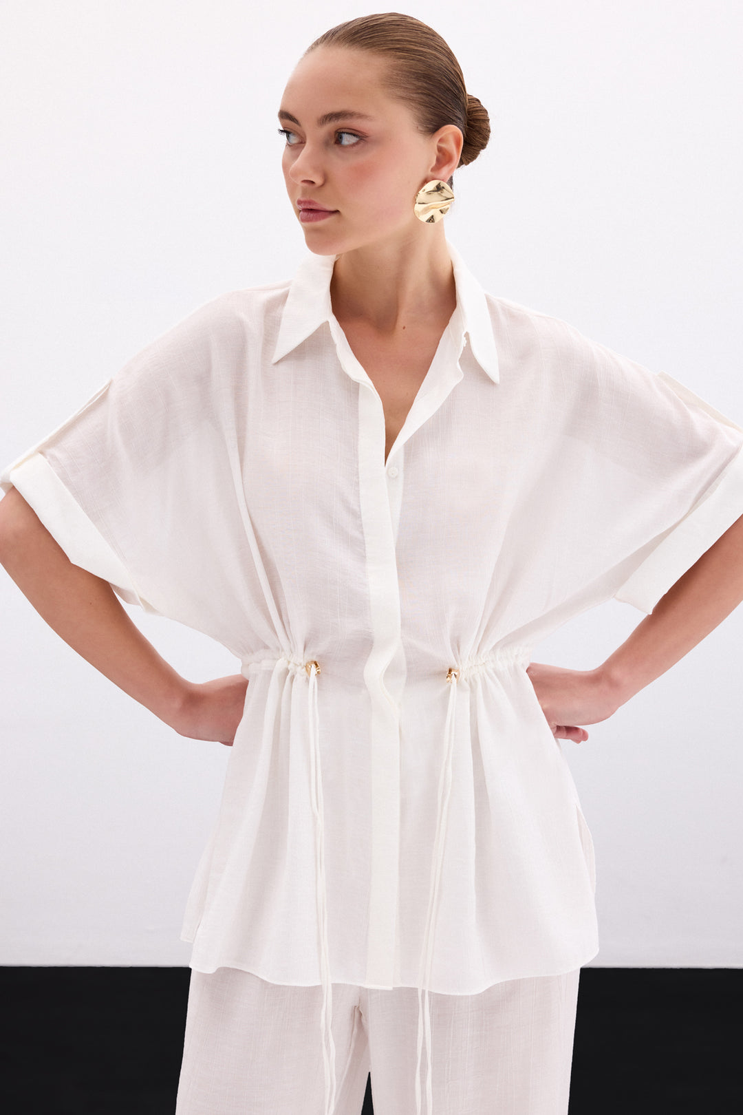 Sateen Chemise à taille froncée - Écru