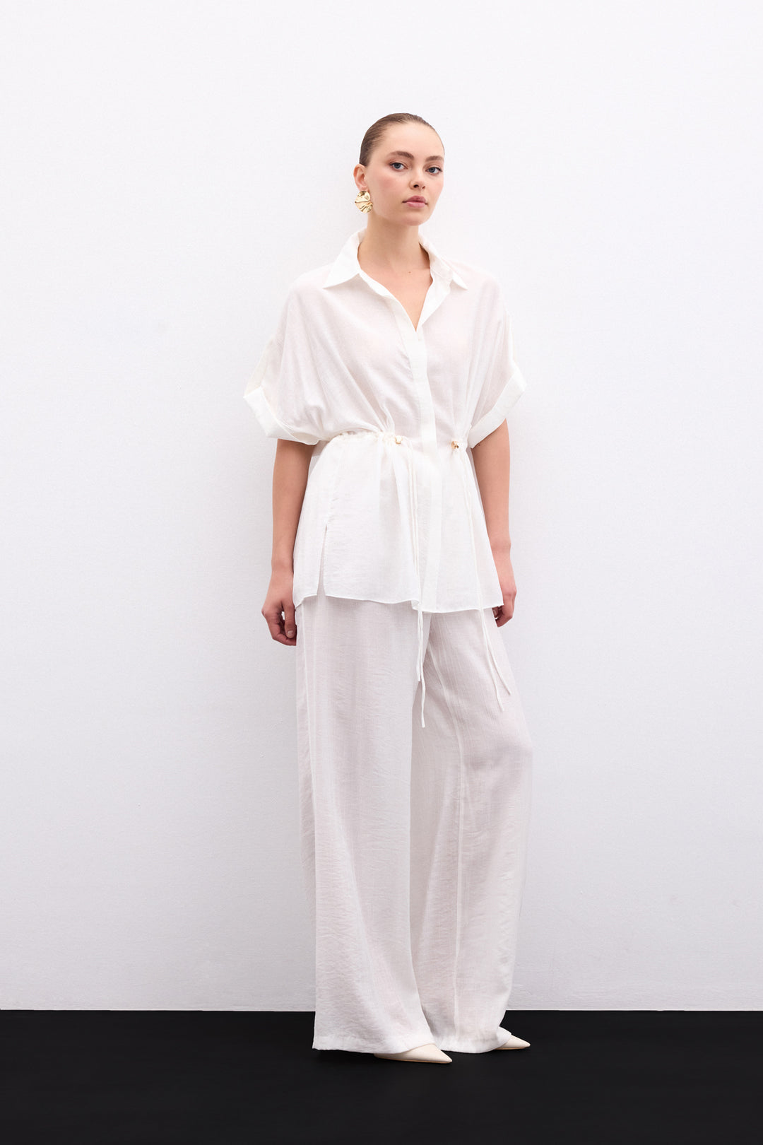 Sateen Chemise à taille froncée - Écru