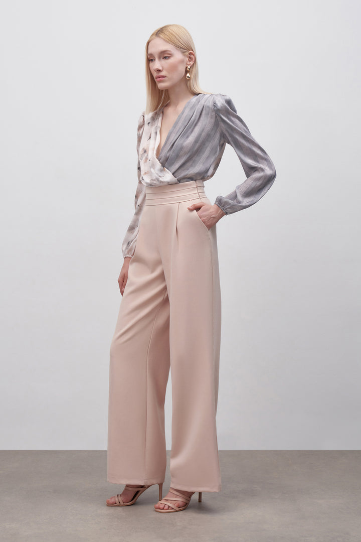 Sateen Pantalon à poches taille haute - Beige