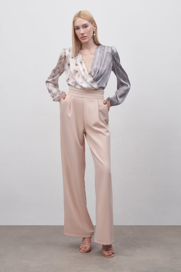 Sateen Pantalon à poches taille haute - Beige