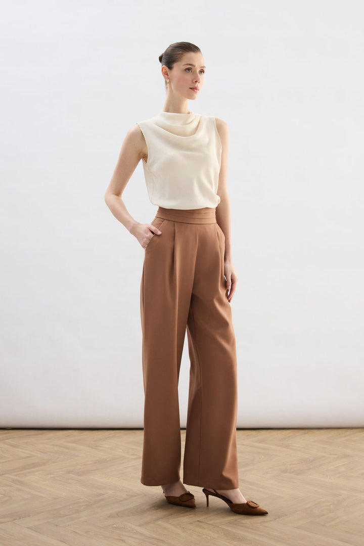Sateen Pantalon à poches avec détail de taille - camel