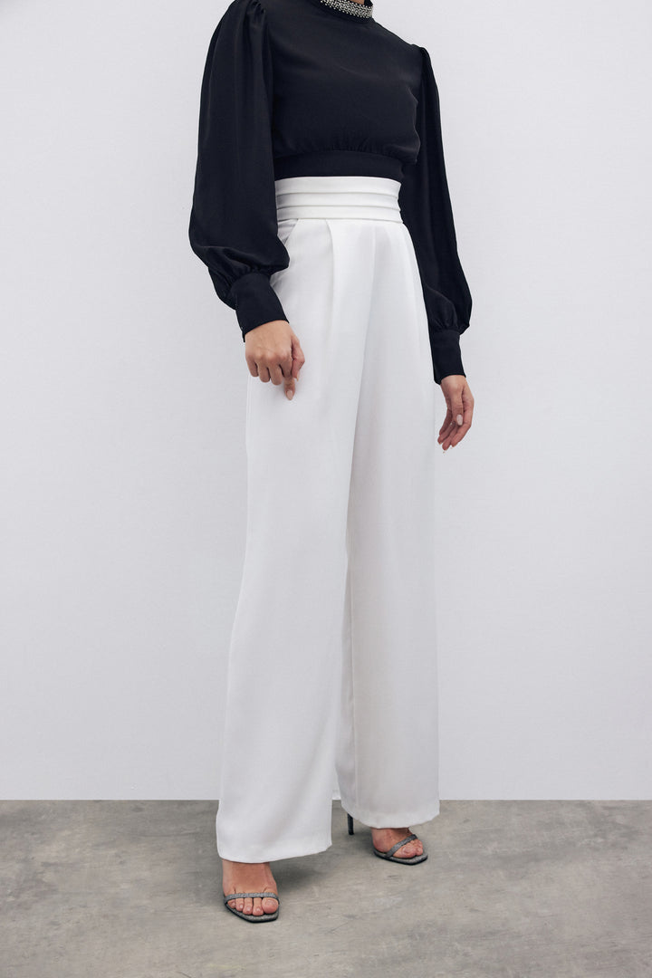 Sateen Pantalon à poches avec détail à la taille - Écru