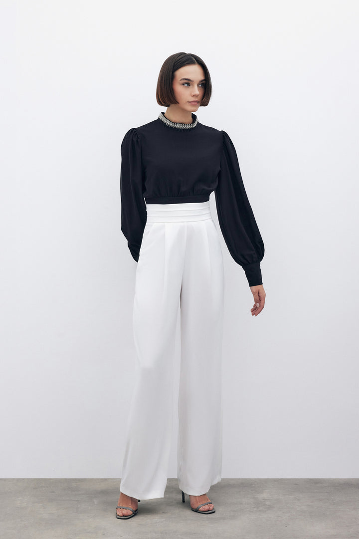 Sateen Pantalon à poches avec détail à la taille - Écru