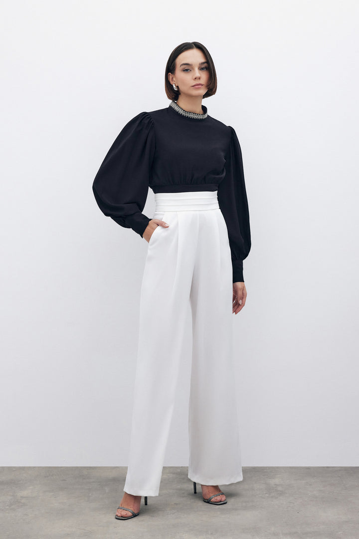 Sateen Pantalon à poches avec détail à la taille - Écru