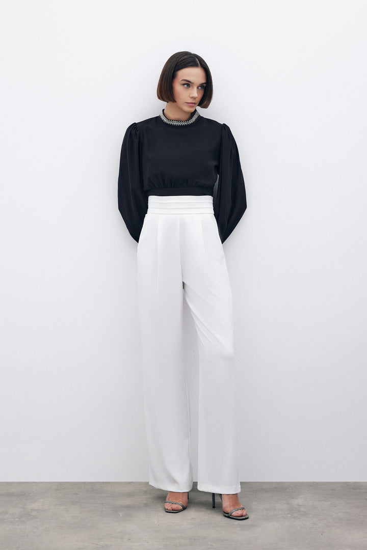 Sateen Pantalon à poches avec détail à la taille - Écru