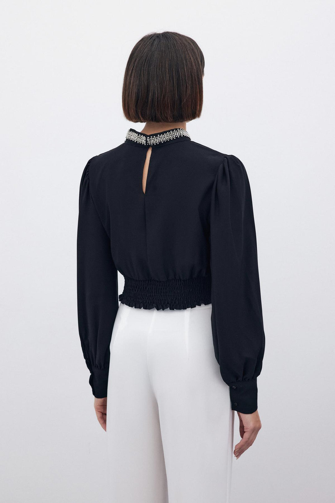 Sateen Pantalon à poches avec détail à la taille - Écru
