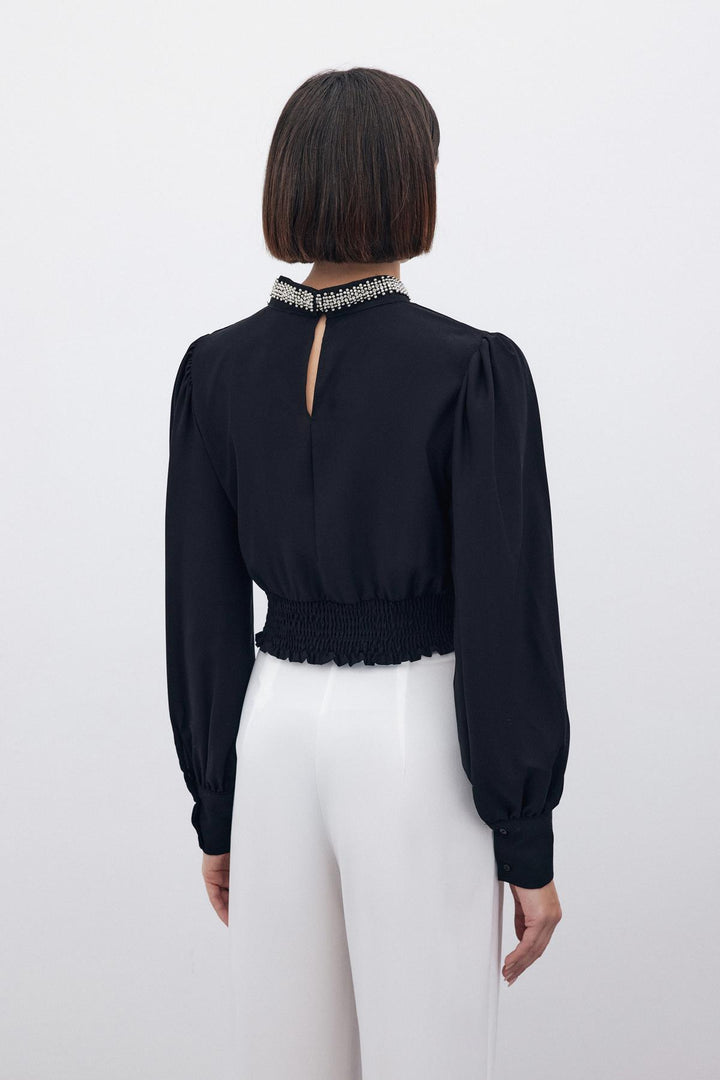 Sateen Pantalon à poches avec détail à la taille - Écru