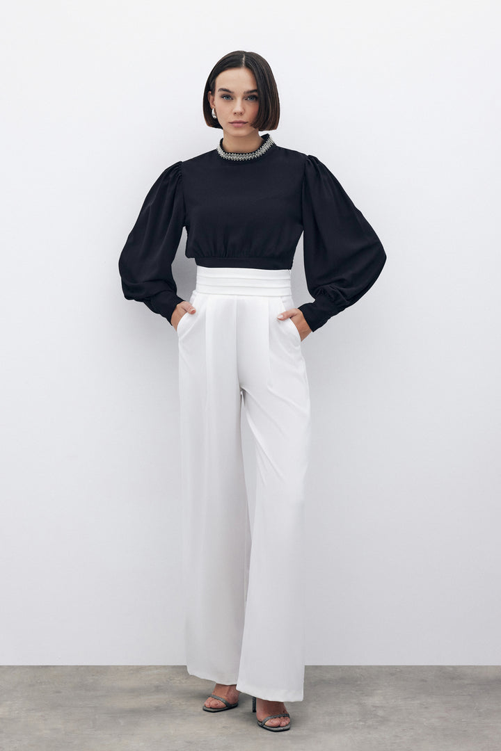 Sateen Pantalon à poches avec détail à la taille - Écru