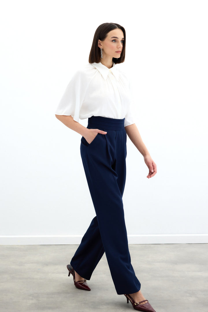 Sateen Pantalon ceinturé avec poches - Bleu marine