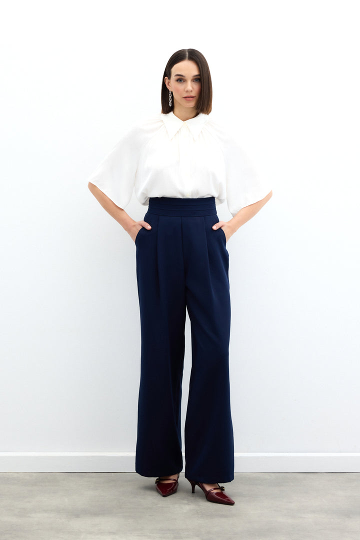 Sateen Pantalon ceinturé avec poches - Bleu marine