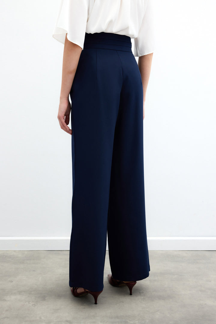Sateen Pantalon ceinturé avec poches - Bleu marine