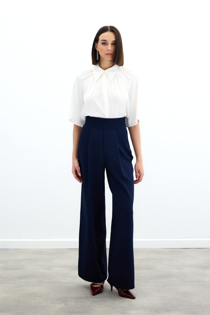 Sateen Pantalon ceinturé avec poches - Bleu marine