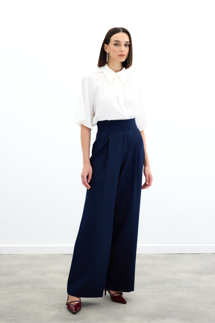 Sateen Pantalon ceinturé avec poches - Bleu marine